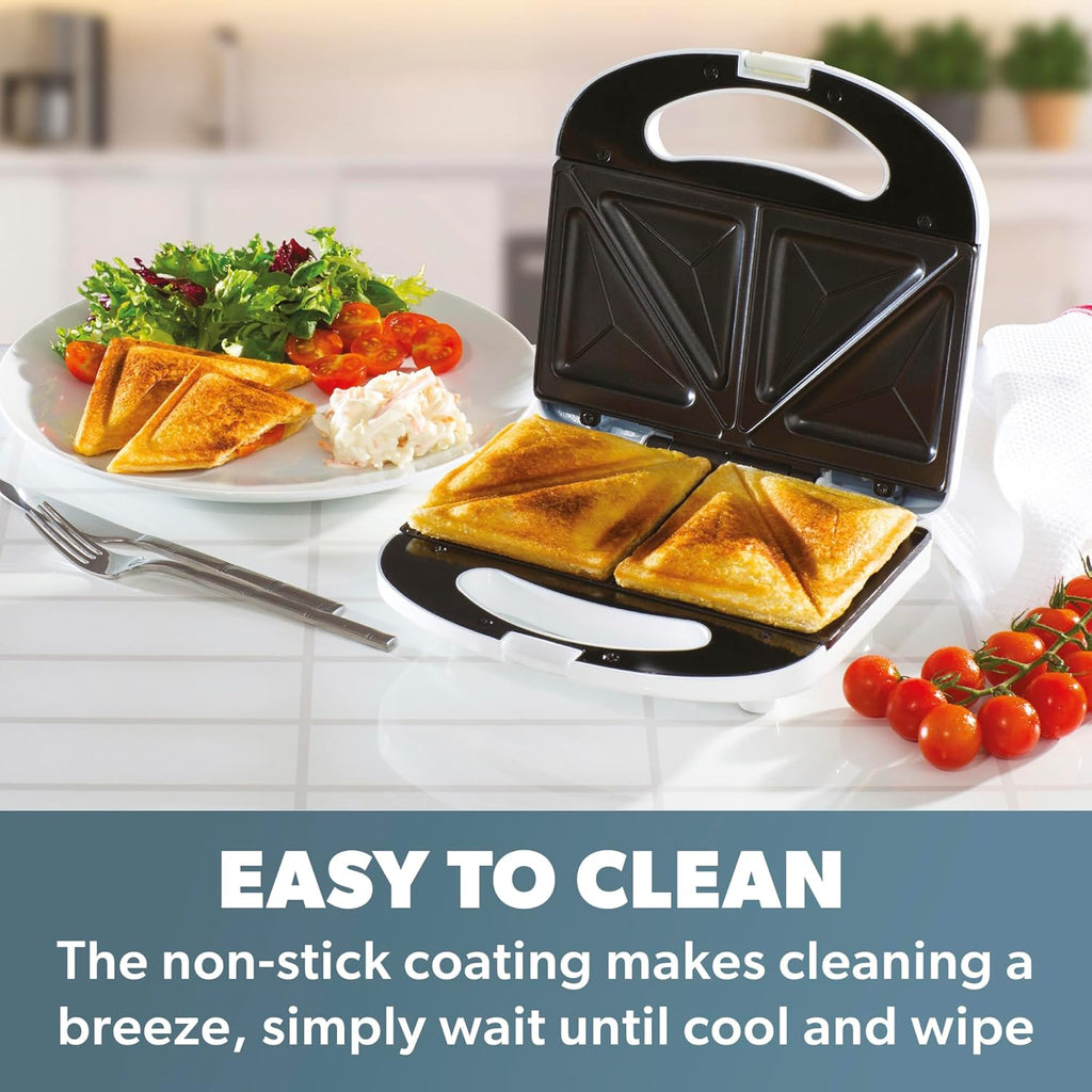 Daewoo Essentials 2 Slice Sandwich Toaster Deep Fill, Non-stick Toasting Plates, Built In Handle With Locking Clip, Indicator Light, Non-slip Feet, Easy To Clean, Portable, Lightweight, Compact, White