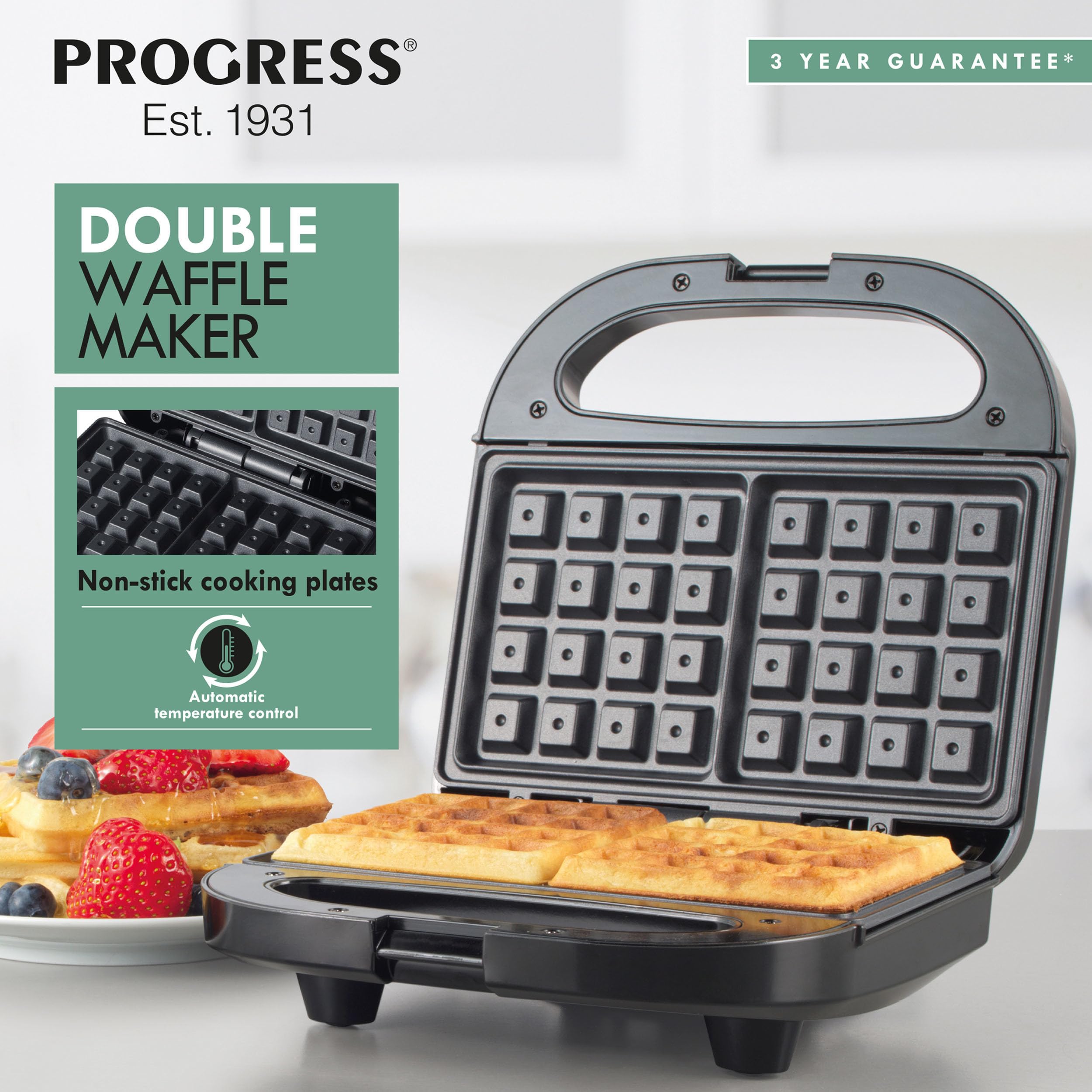 Progress EK5852P Double Waffle Maker – Electric Dessert Maker, Non-Stick Cooking Plates, Belgian/American Waffle Iron, Automatic Temperature Control, Carry Handle, Power/Ready Indicator Lights, 750W