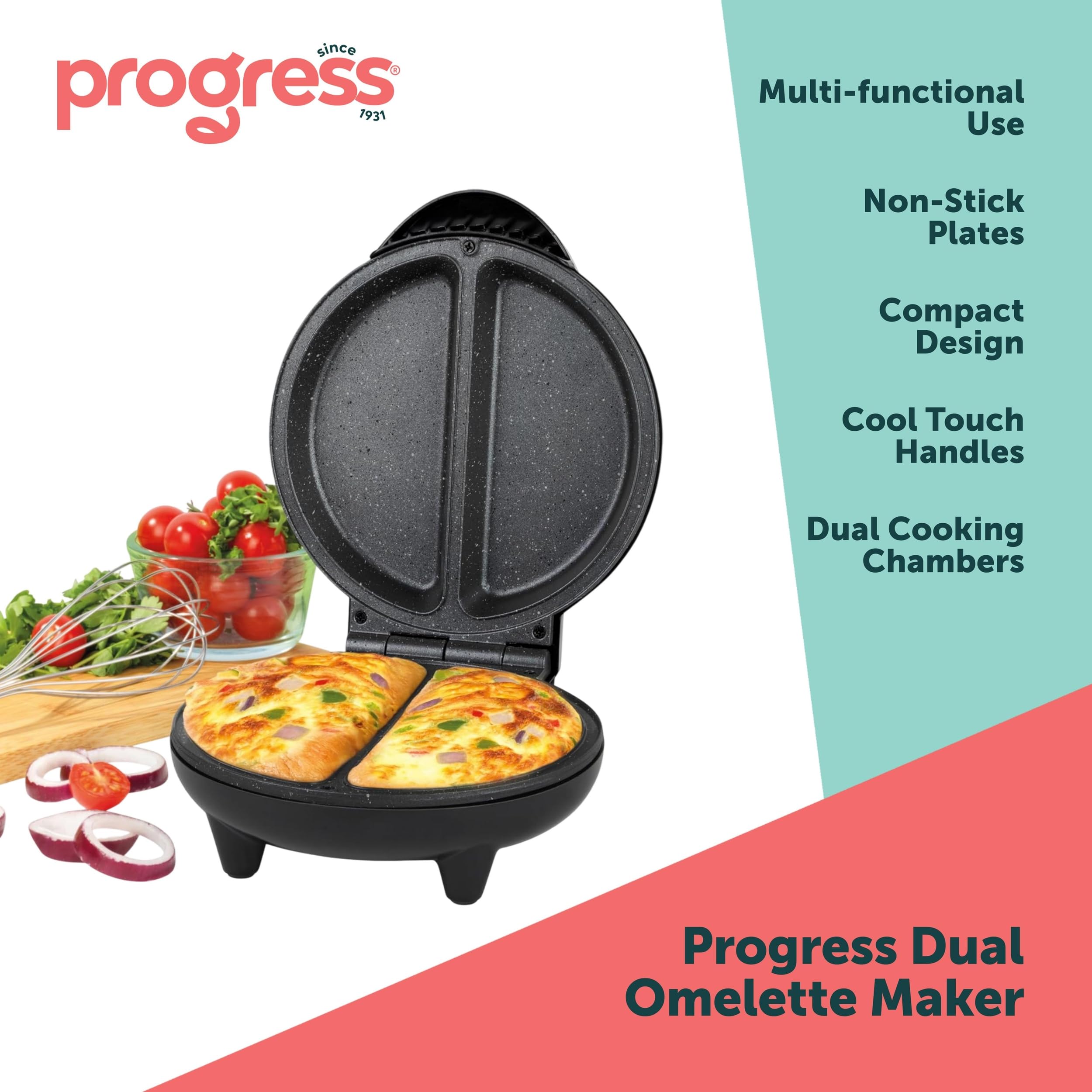 Progress EK5852P Double Waffle Maker – Electric Dessert Maker, Non-Stick Cooking Plates, Belgian/American Waffle Iron, Automatic Temperature Control, Carry Handle, Power/Ready Indicator Lights, 750W