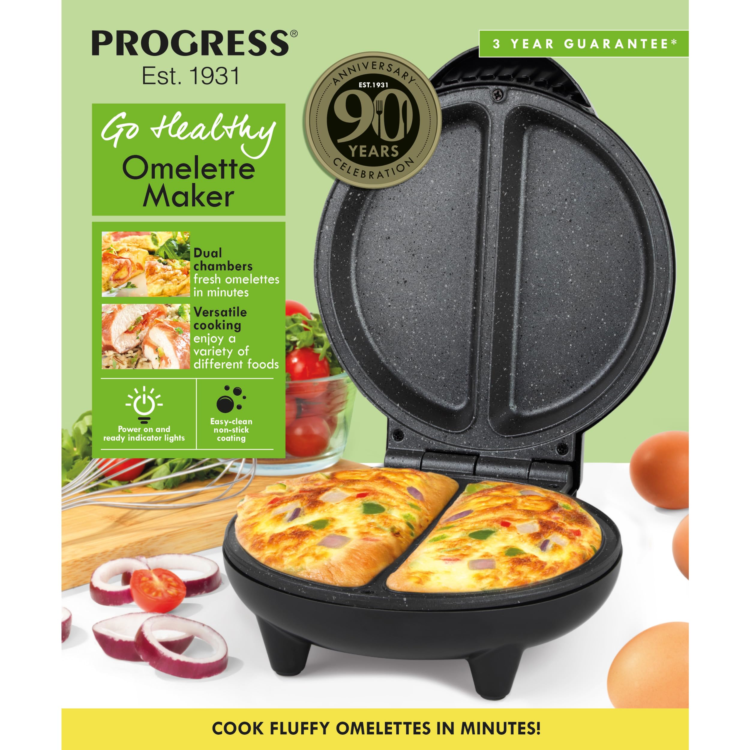 Progress EK5852P Double Waffle Maker – Electric Dessert Maker, Non-Stick Cooking Plates, Belgian/American Waffle Iron, Automatic Temperature Control, Carry Handle, Power/Ready Indicator Lights, 750W