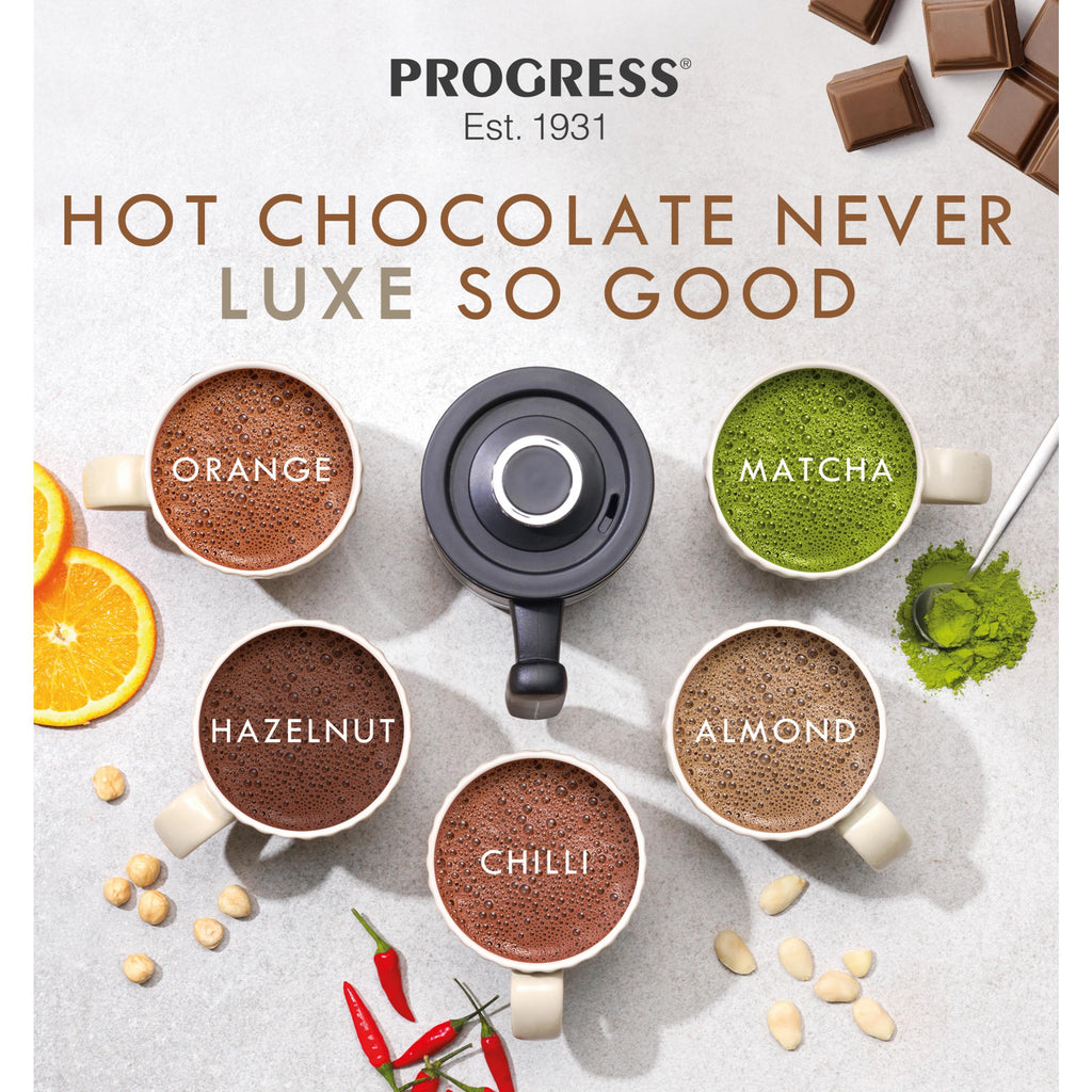 Progress EK5133P Automatic Milk Frother – Chocoluxe 4-in-1 Hot Chocolate Maker, 300ml/150ml, Hot & Cold Milk Heater & Foamer, Melt Chocolate Flakes, Built-in Frothing Whisk for Cafe Latte, Cappuccino